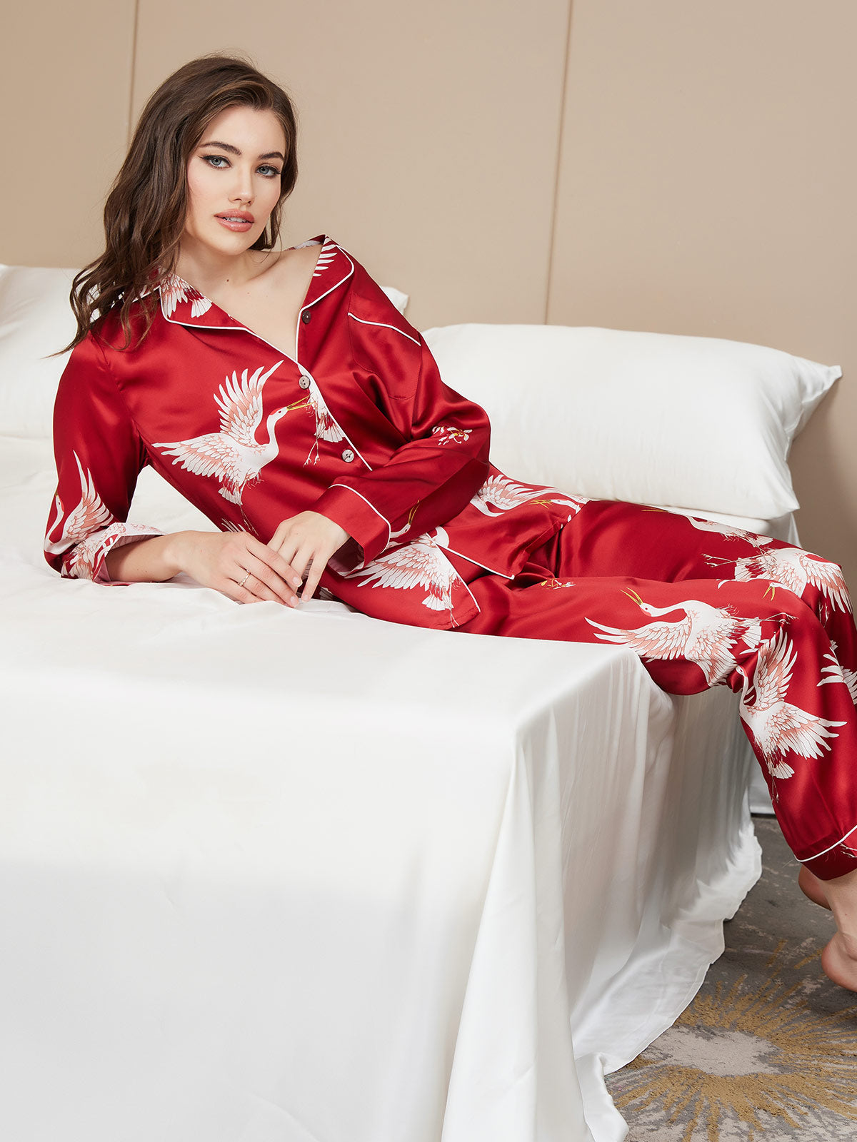 19Momme Women's Pure Silk Crane Print Long Sleeve Pajamas Set