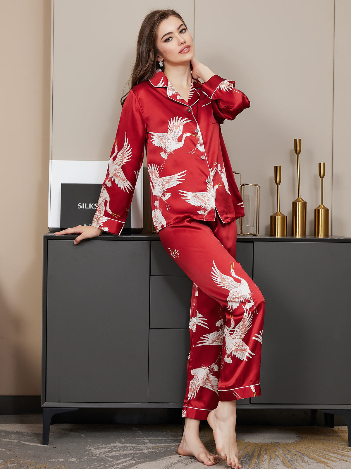 19Momme Women's Pure Silk Crane Print Long Sleeve Pajamas Set