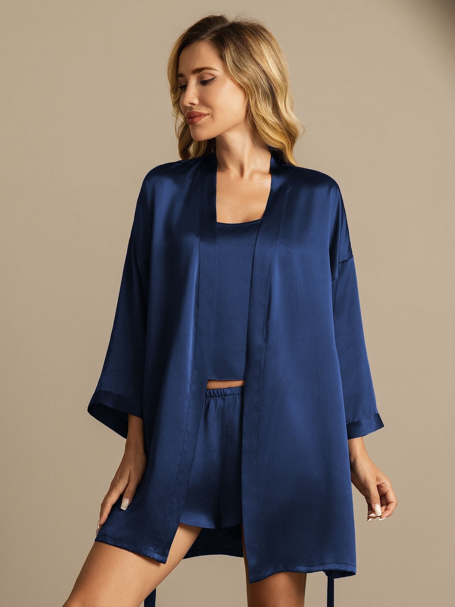 Pure Silk Belted Robe and Spaghetti Strap Camisole Set 3Pcs