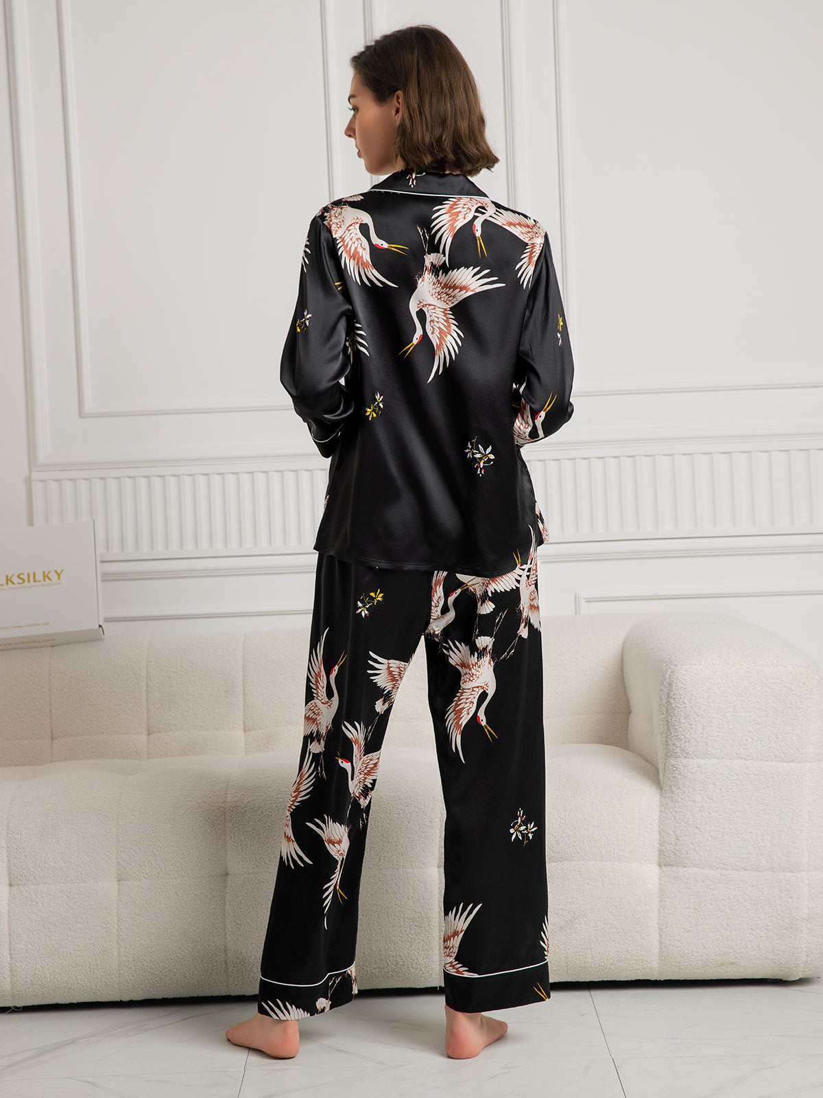 19Momme Women's Pure Silk Crane Print Long Sleeve Pajamas Set