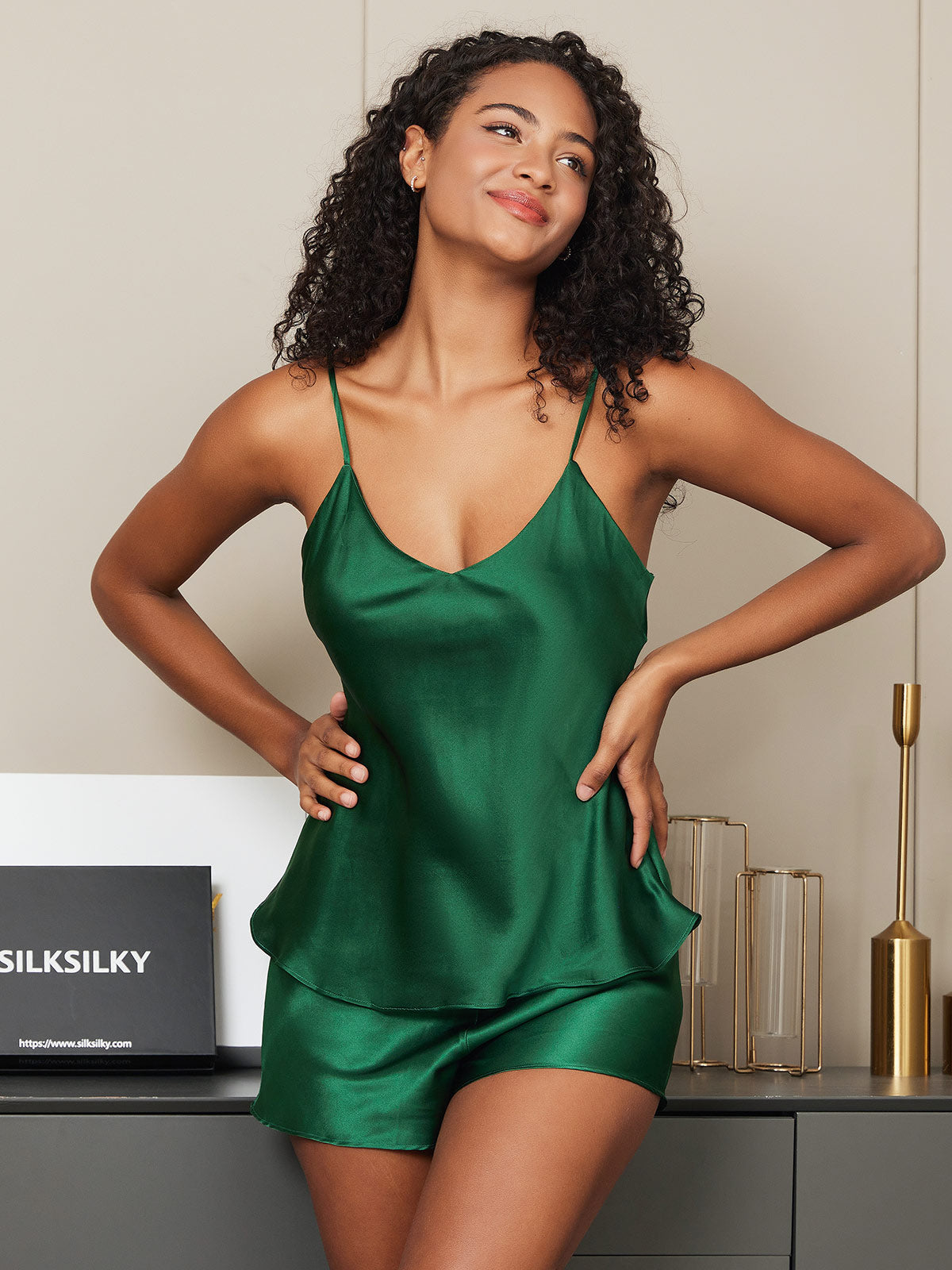 Pure Silk V Neck Above the Knee Camisole Set