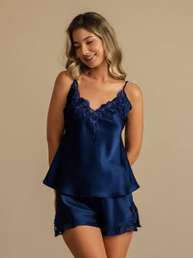 Pure Silk Spaghetti Strap Deep V Neck Above the Knee Camisole Set with Lace Design