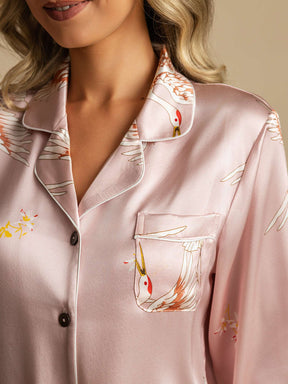 19Momme Women's Pure Silk Crane Print Long Sleeve Pajamas Set
