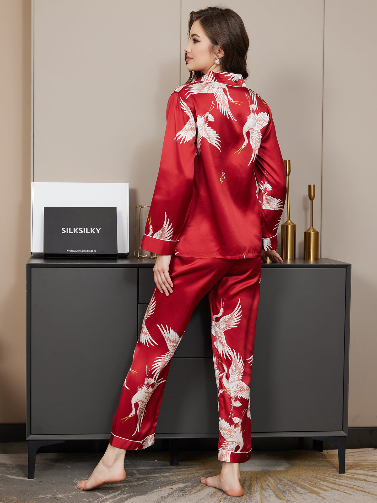 19Momme Women's Pure Silk Crane Print Long Sleeve Pajamas Set