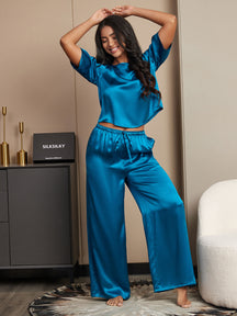 Women's Pure Silk Half Sleeve Round Neck Pajamas Set