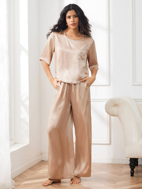 Women's Pure Silk Half Sleeve Round Neck Pajamas Set