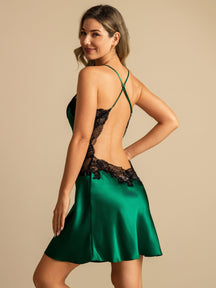 Pure Silk Spaghetti Strap V-neck Short Nightgown with Lace Backless Design