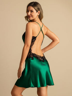 Pure Silk Spaghetti Strap V-neck Short Nightgown with Lace Backless Design