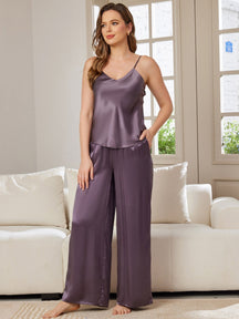 Pure Silk Spaghetti Strap V Neck Cami & Wide Leg Pants Set