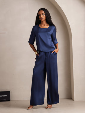 Women's Pure Silk Half Sleeve Round Neck Pajamas Set