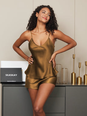 Pure Silk V Neck Above the Knee Camisole Set