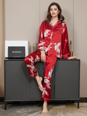 19Momme Women's Pure Silk Crane Print Long Sleeve Pajamas Set