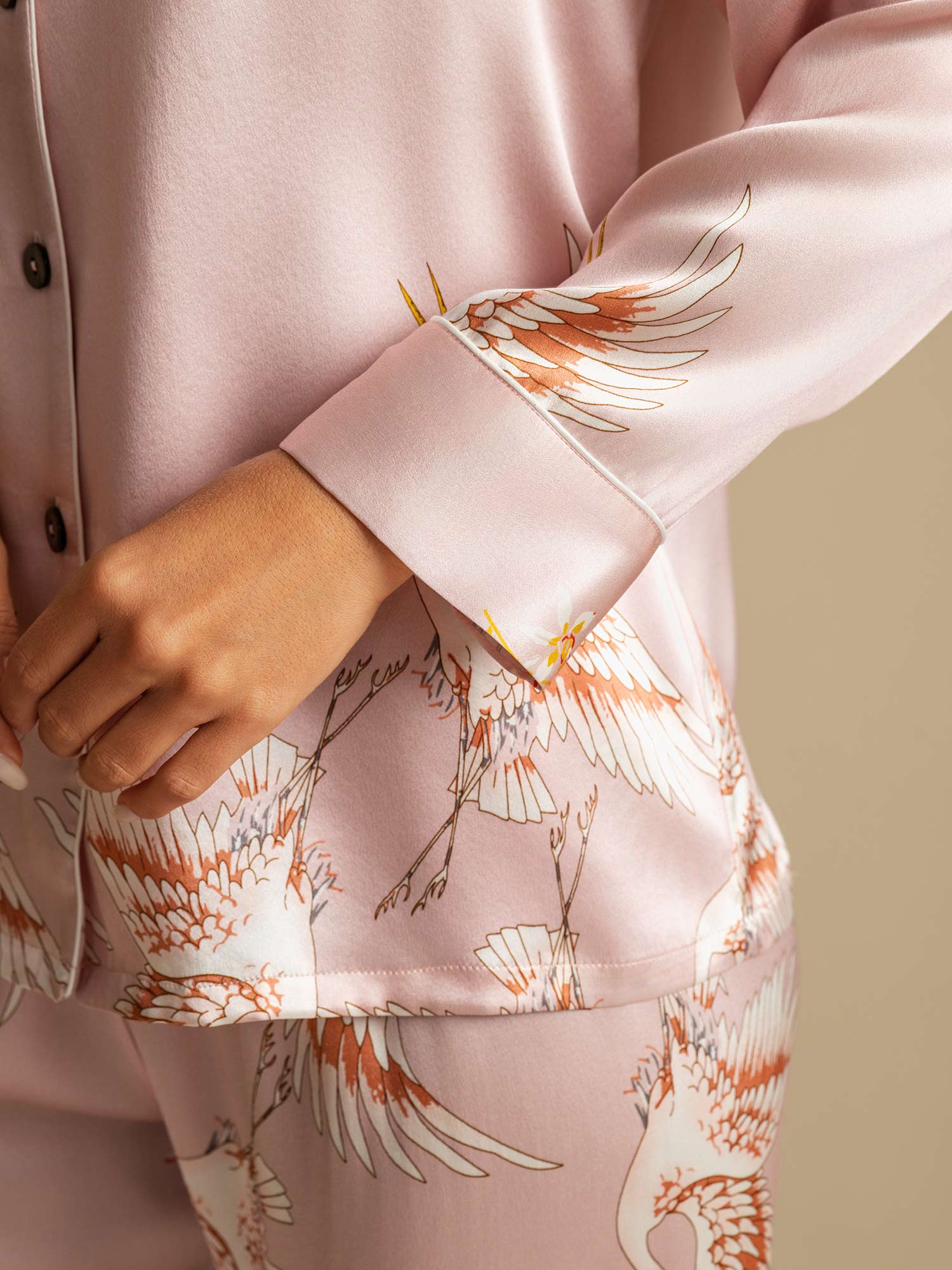 19Momme Women's Pure Silk Crane Print Long Sleeve Pajamas Set