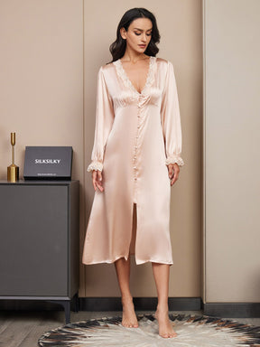 Pure Silk Long Sleeve V-neck Midi Nightgown with Lace Design