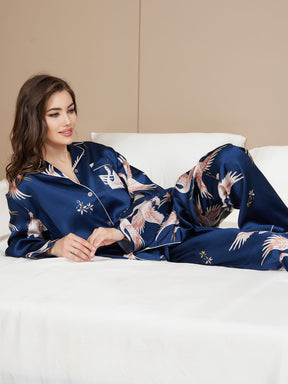 19Momme Women's Pure Silk Crane Print Long Sleeve Pajamas Set
