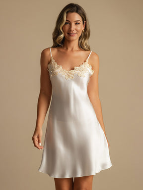 Pure Silk Spaghetti Strap Mini Nightgown with Lace V-Back Design