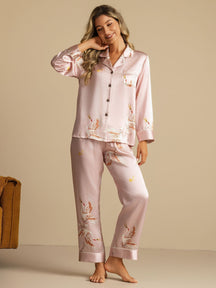 19Momme Women's Pure Silk Crane Print Long Sleeve Pajamas Set