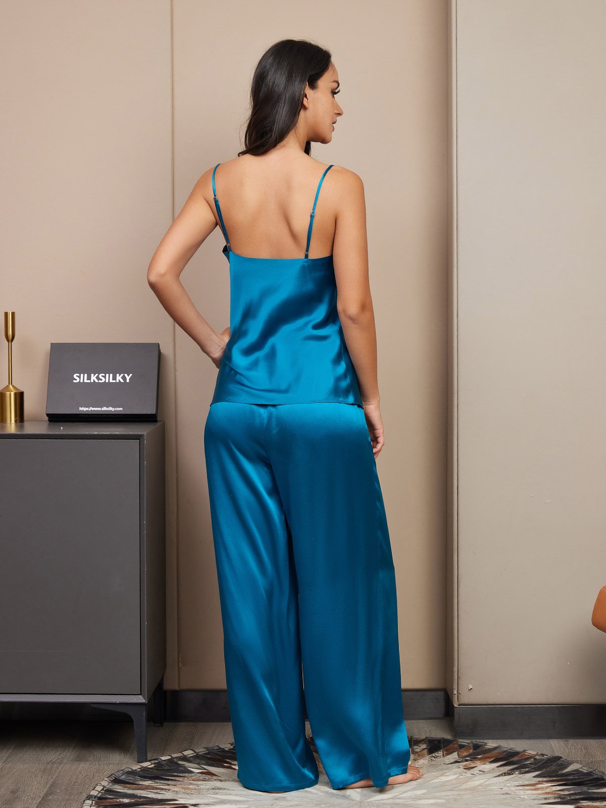 Pure Silk Spaghetti Strap V Neck Cami & Wide Leg Pants Set