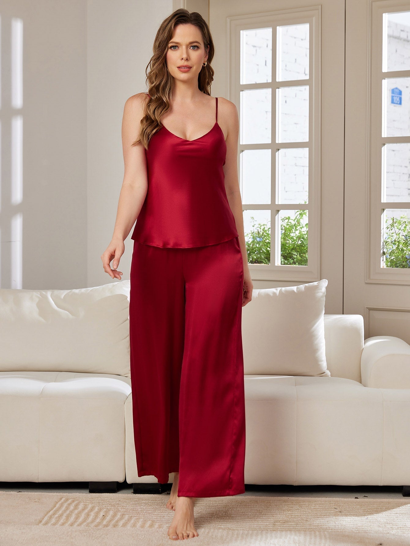 Pure Silk Spaghetti Strap V Neck Cami & Wide Leg Pants Set