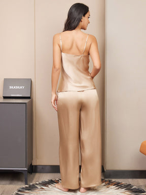 Pure Silk Spaghetti Strap V Neck Cami & Wide Leg Pants Set