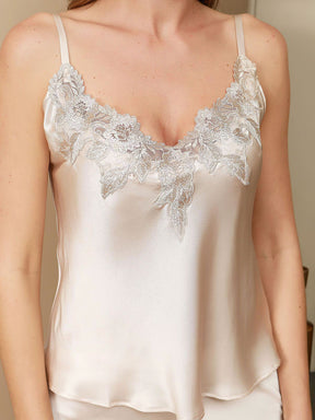 Pure Silk Spaghetti Strap Deep V Neck Above the Knee Camisole Set with Lace Design