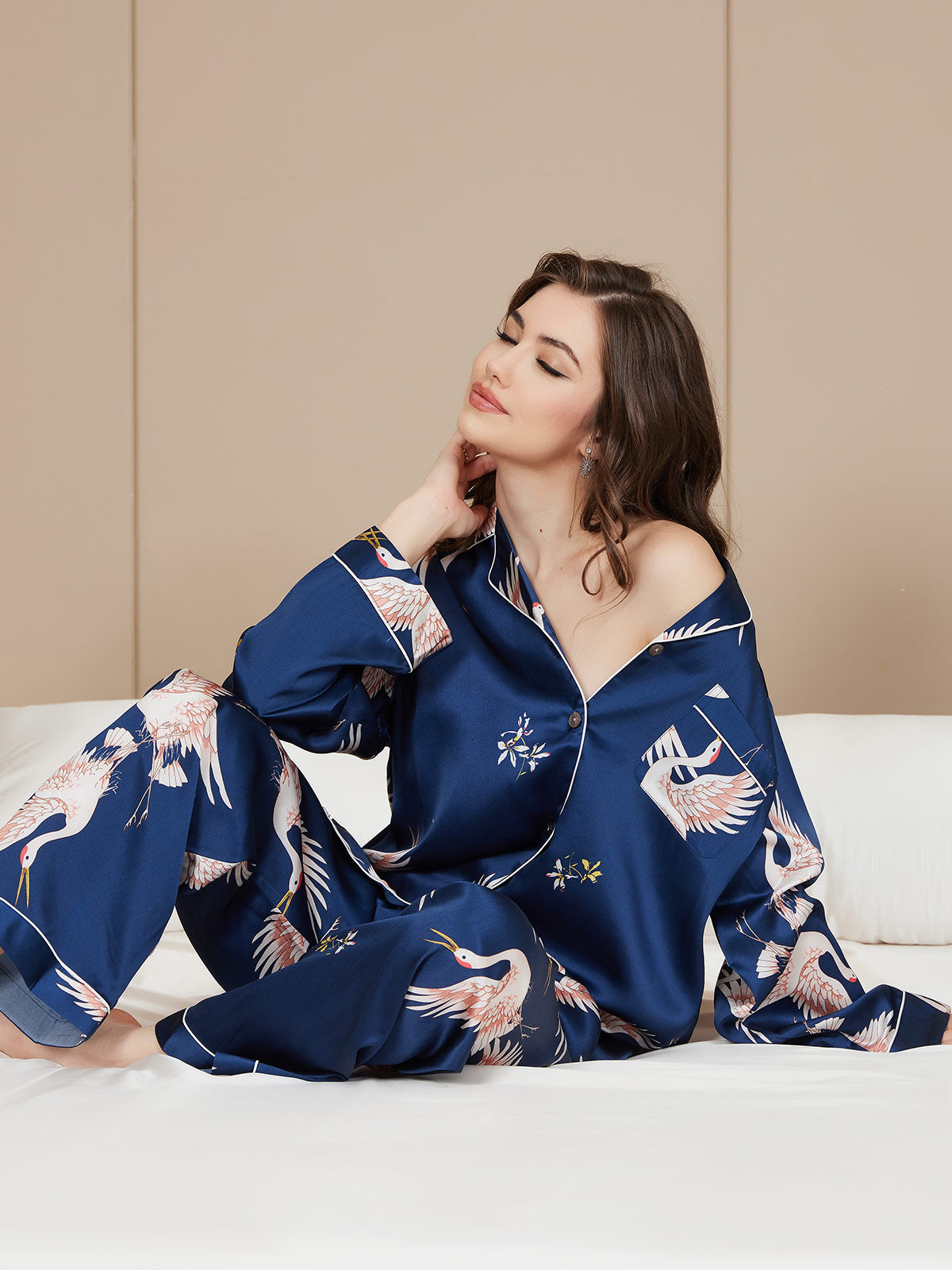 19Momme Women's Pure Silk Crane Print Long Sleeve Pajamas Set