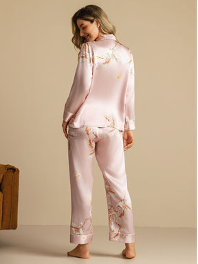 19Momme Women's Pure Silk Crane Print Long Sleeve Pajamas Set