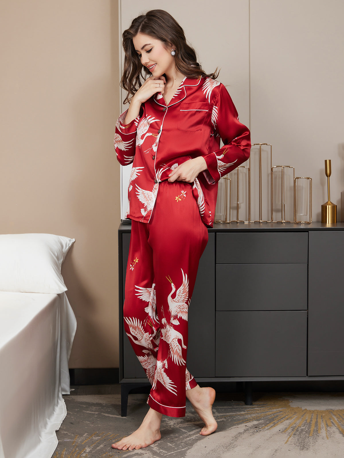 19Momme Women's Pure Silk Crane Print Long Sleeve Pajamas Set