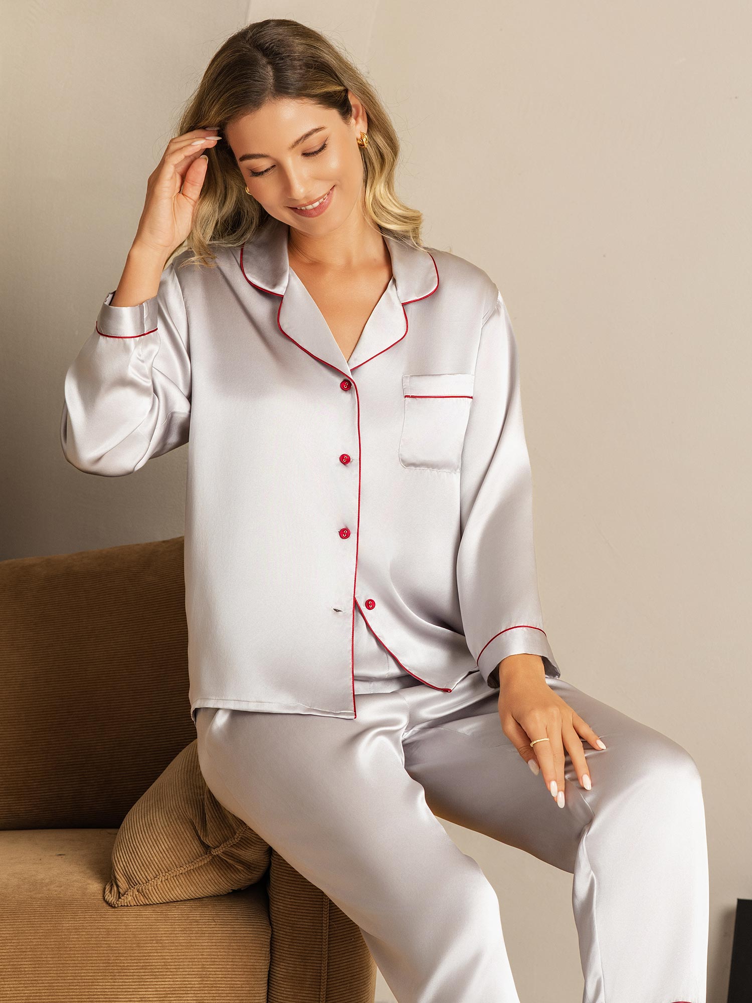 Women's Pure Silk Long Sleeve Notch Collar Pajamas Set