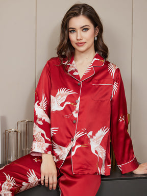 19Momme Women's Pure Silk Crane Print Long Sleeve Pajamas Set