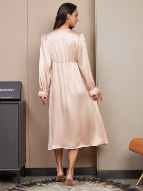 Pure Silk Long Sleeve V-neck Midi Nightgown with Lace Design