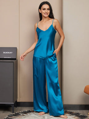 Pure Silk Spaghetti Strap V Neck Cami & Wide Leg Pants Set