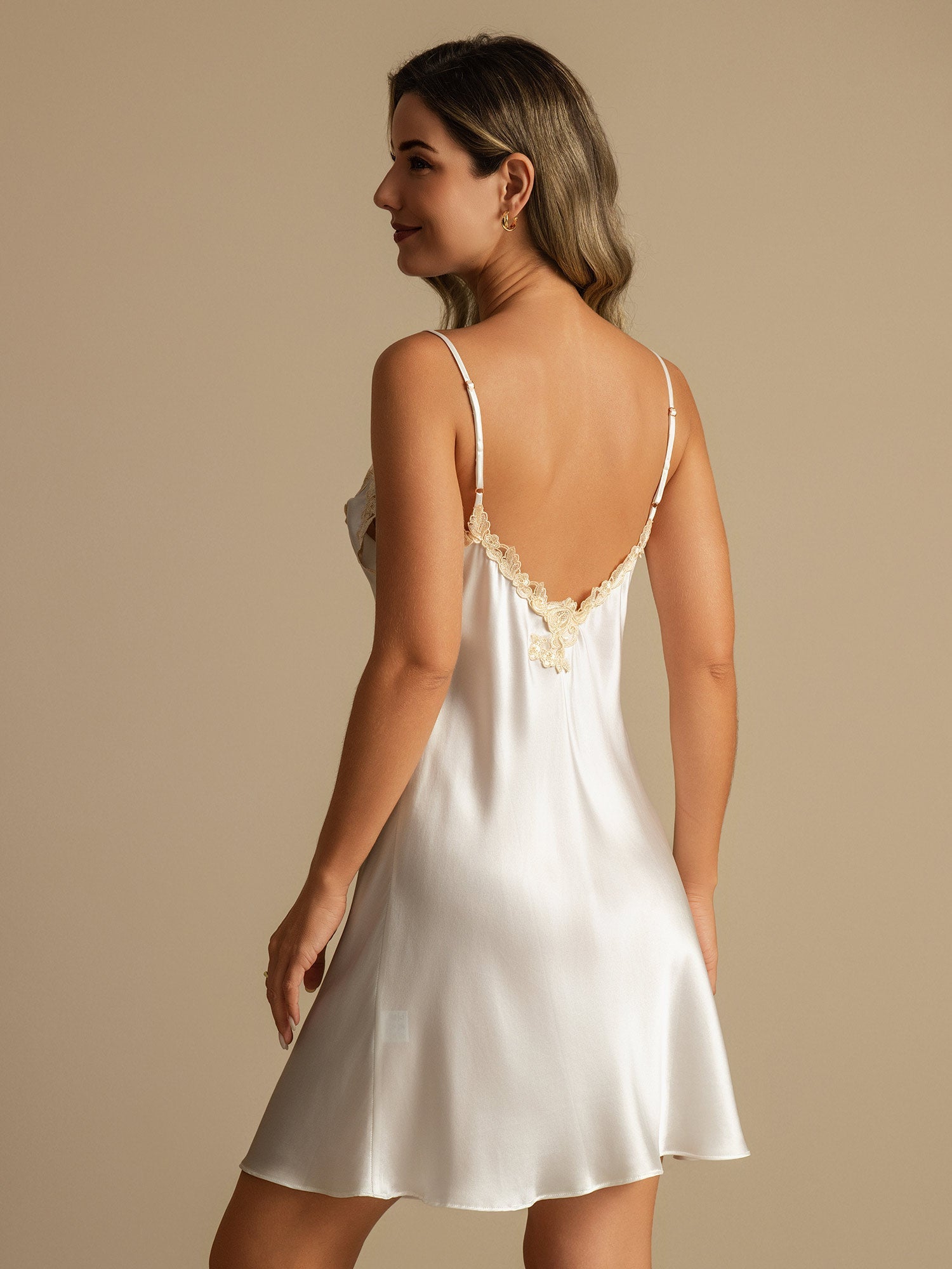 Pure Silk Spaghetti Strap Mini Nightgown with Lace V-Back Design