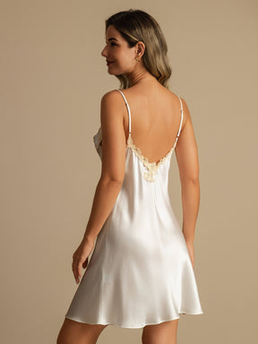Pure Silk Spaghetti Strap Mini Nightgown with Lace V-Back Design