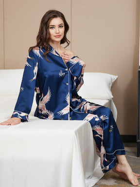 19Momme Women's Pure Silk Crane Print Long Sleeve Pajamas Set